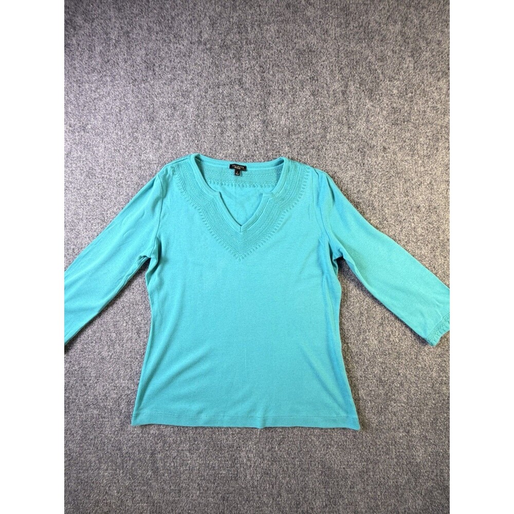 Talbots Womens M Turquoise Blue Embroidered 3/4 Sleeve 100%Cotton Top Split Neck